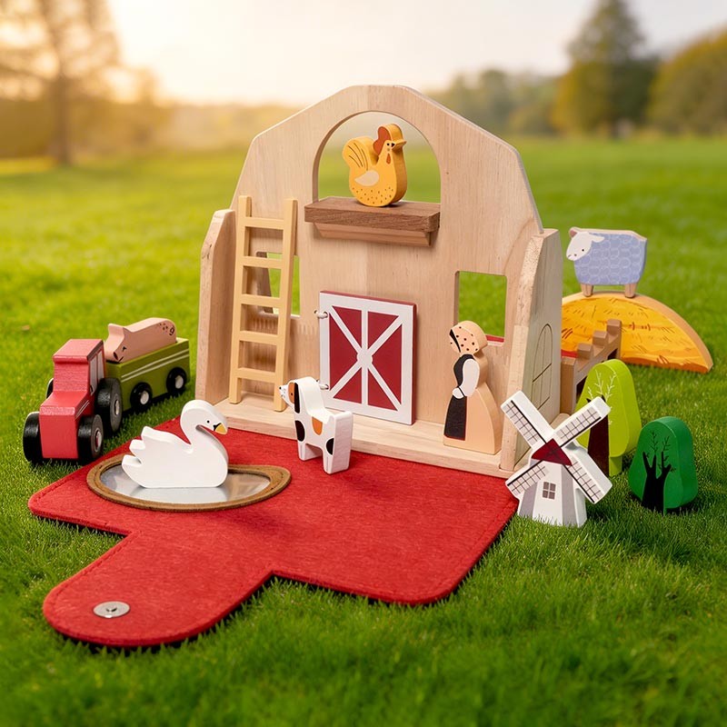 Montessori Wooden Toy Farm Playset with Transformable Carry Bag