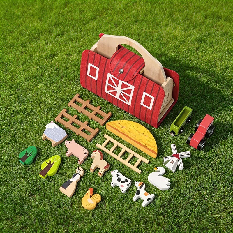Montessori Wooden Toy Farm Playset with Transformable Carry Bag