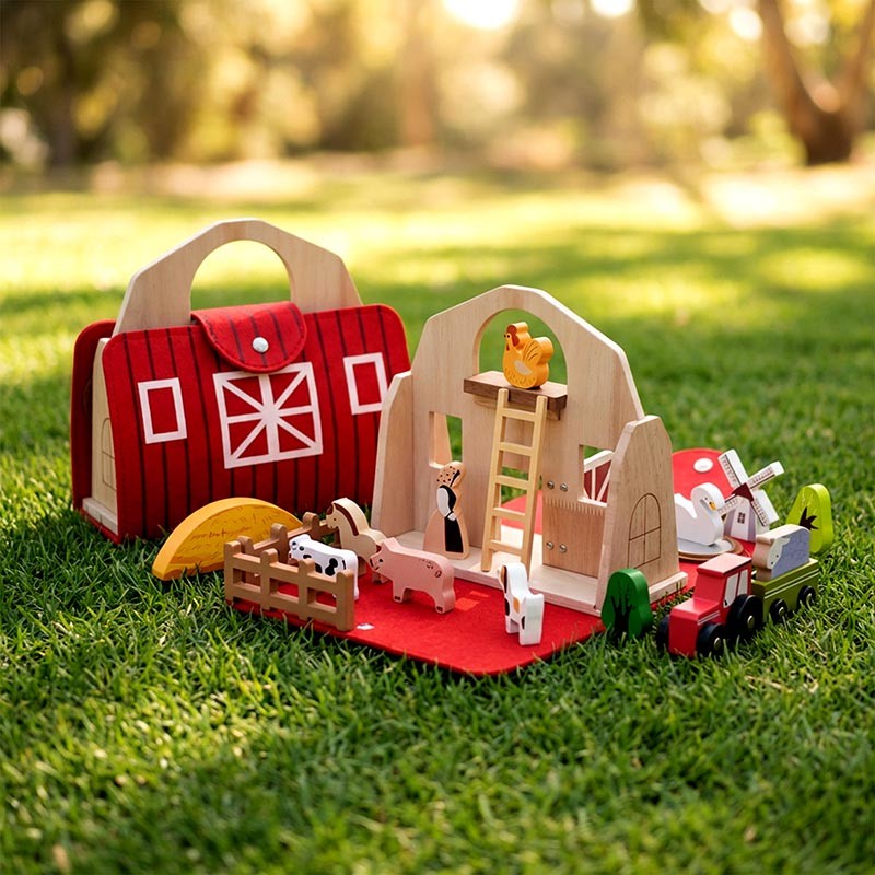Montessori Wooden Toy Farm Playset with Transformable Carry Bag