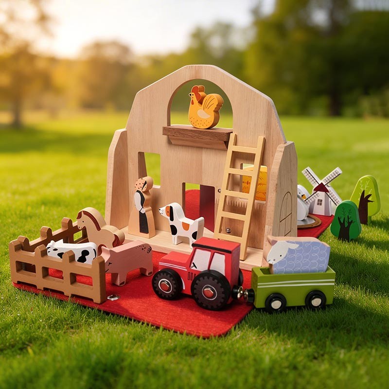 Montessori Wooden Toy Farm Playset with Transformable Carry Bag