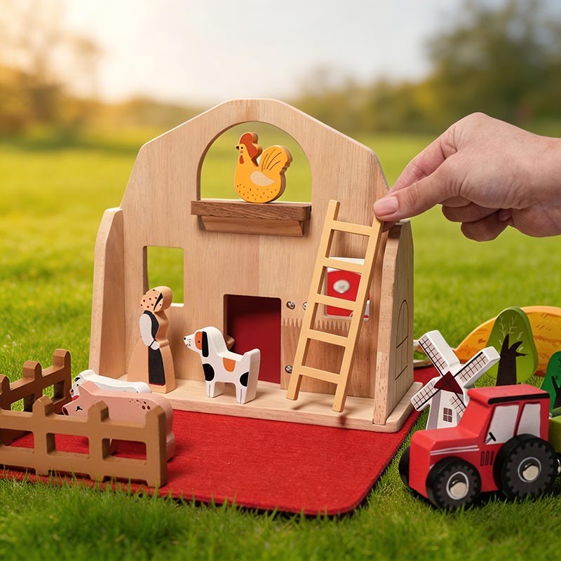 Montessori Wooden Toy Farm Playset with Transformable Carry Bag