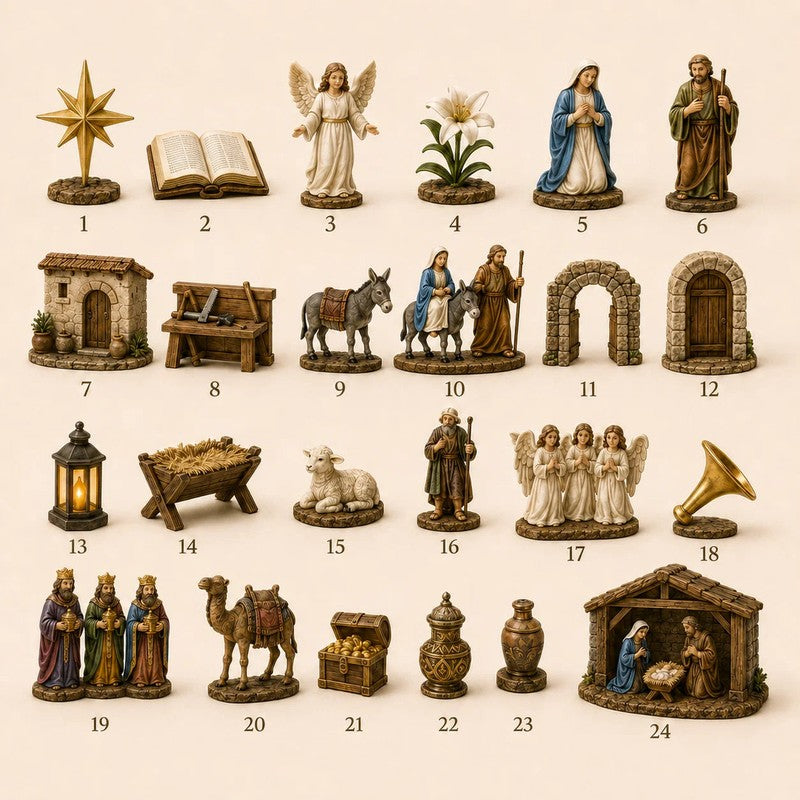 Nativity Advent Calendar - 24 Miniature Ornaments in Wood or Acrylic