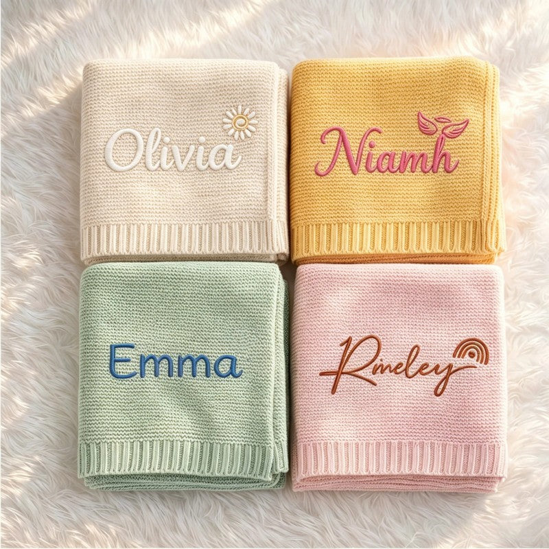 Personalized Baby Blanket - Knitted with Embroidered Name