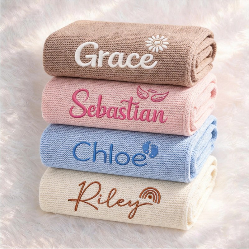 Personalized Baby Blanket - Knitted with Embroidered Name