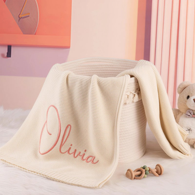 Personalized Baby Blanket - Knitted with Embroidered Name