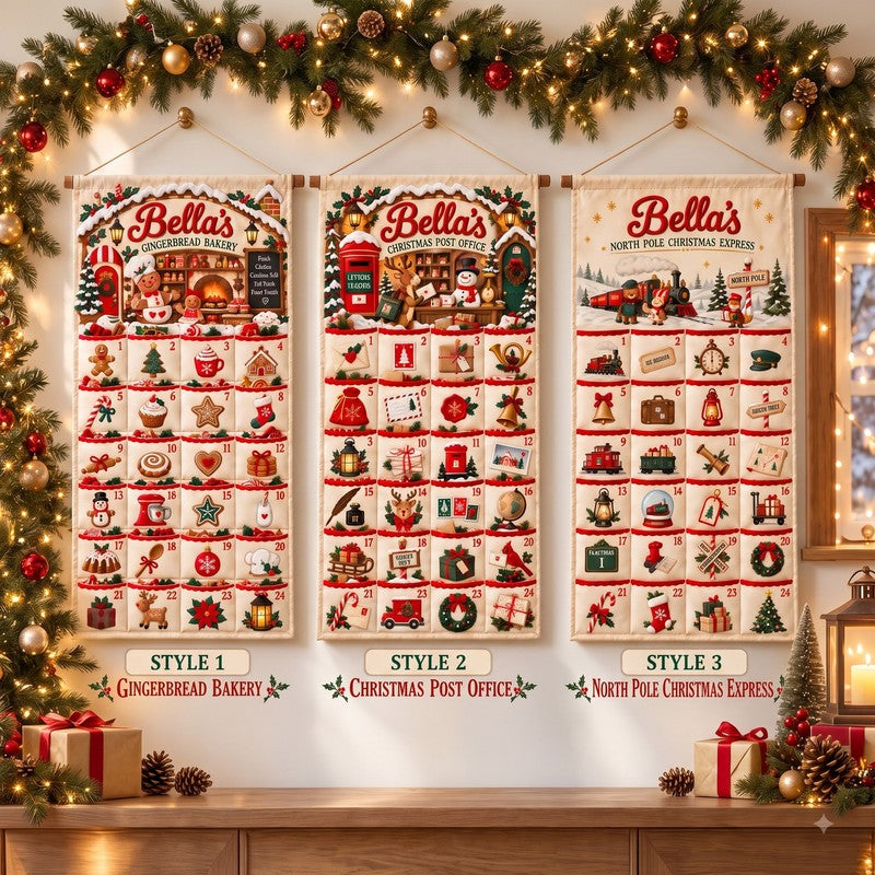 Personalized Christmas Advent Calendar – Fabric Wall-Hanging Banner with 24 Fillable Pockets