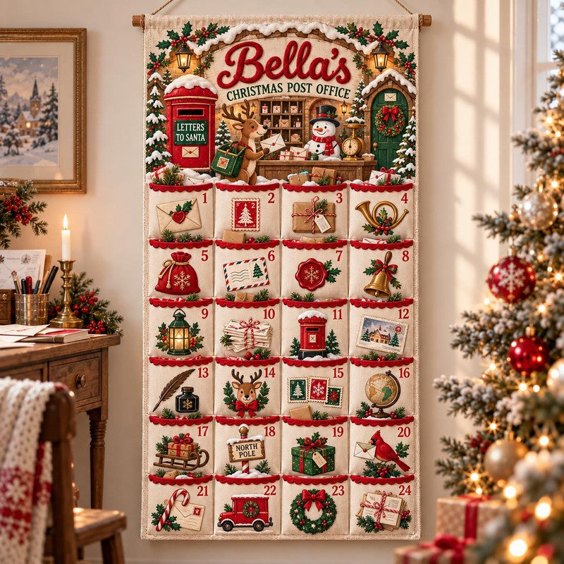 Personalized Christmas Advent Calendar – Fabric Wall-Hanging Banner with 24 Fillable Pockets