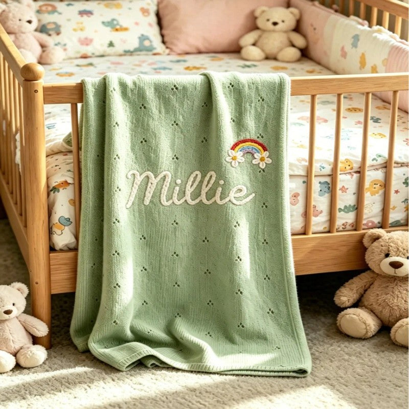 Personalized Embroidered Knitted Baby Blanket - Pointelle Pattern