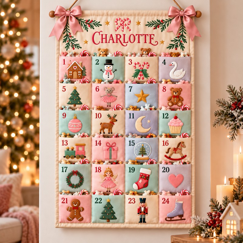 Personalized Fabric Advent Calendar - Christmas Wall Hanging with 24 Fillable Pockets