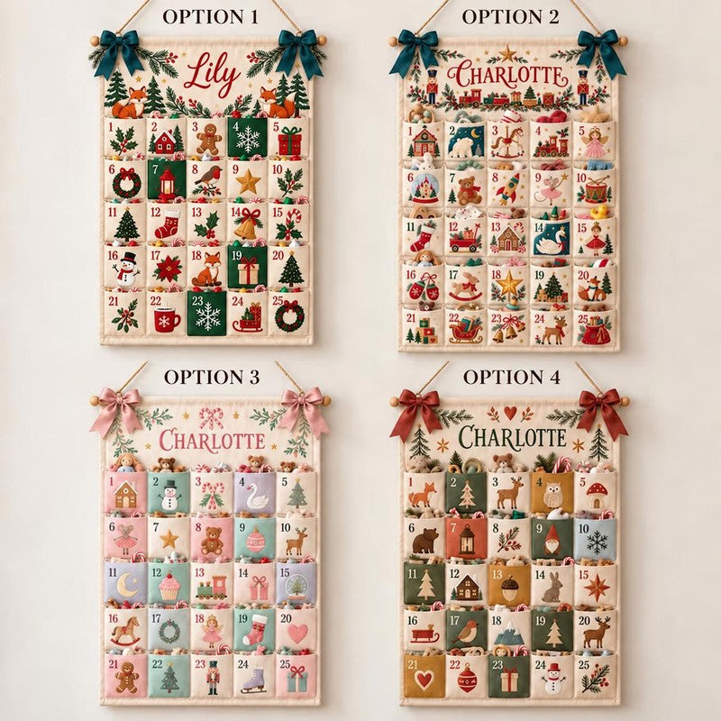 Personalized Fabric Advent Calendar - Christmas Wall Hanging with 24 Fillable Pockets
