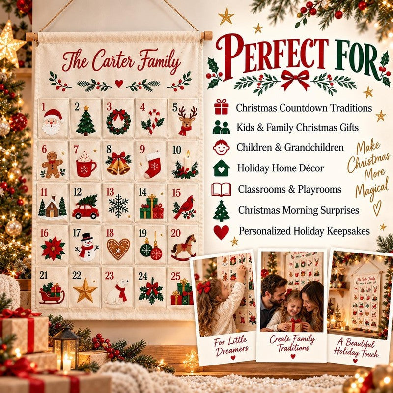 Personalized Fabric Advent Calendar - Christmas Wall Hanging with 24 Fillable Pockets