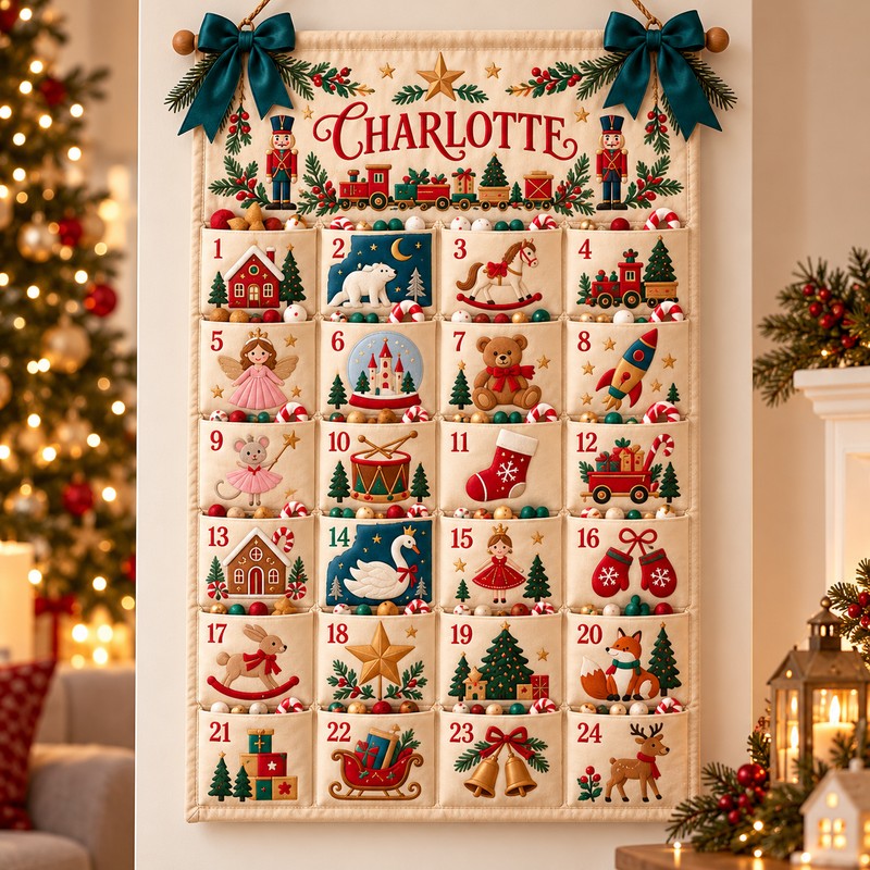 Personalized Fabric Advent Calendar - Christmas Wall Hanging with 24 Fillable Pockets