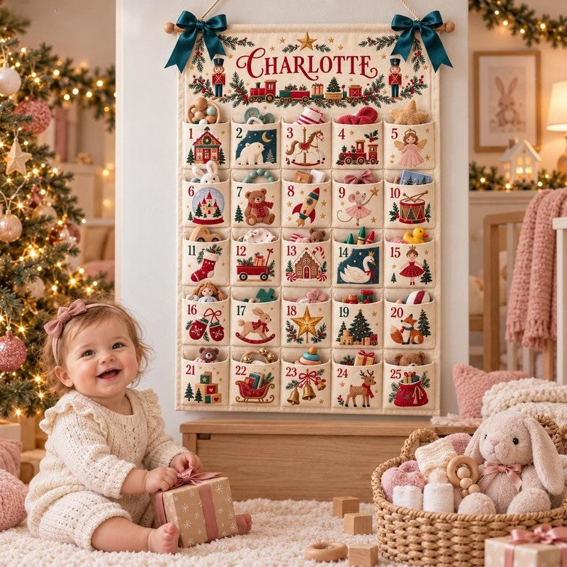 Personalized Fabric Advent Calendar - Christmas Wall Hanging with 24 Fillable Pockets