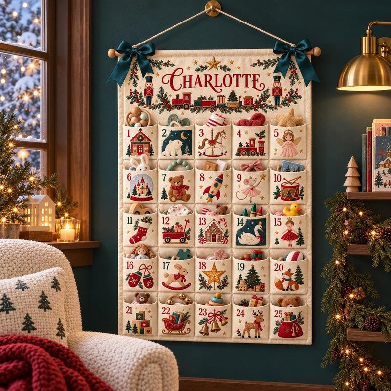 Personalized Fabric Advent Calendar - Christmas Wall Hanging with 24 Fillable Pockets