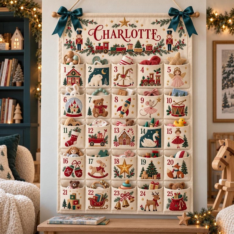 Personalized Fabric Advent Calendar - Christmas Wall Hanging with 24 Fillable Pockets