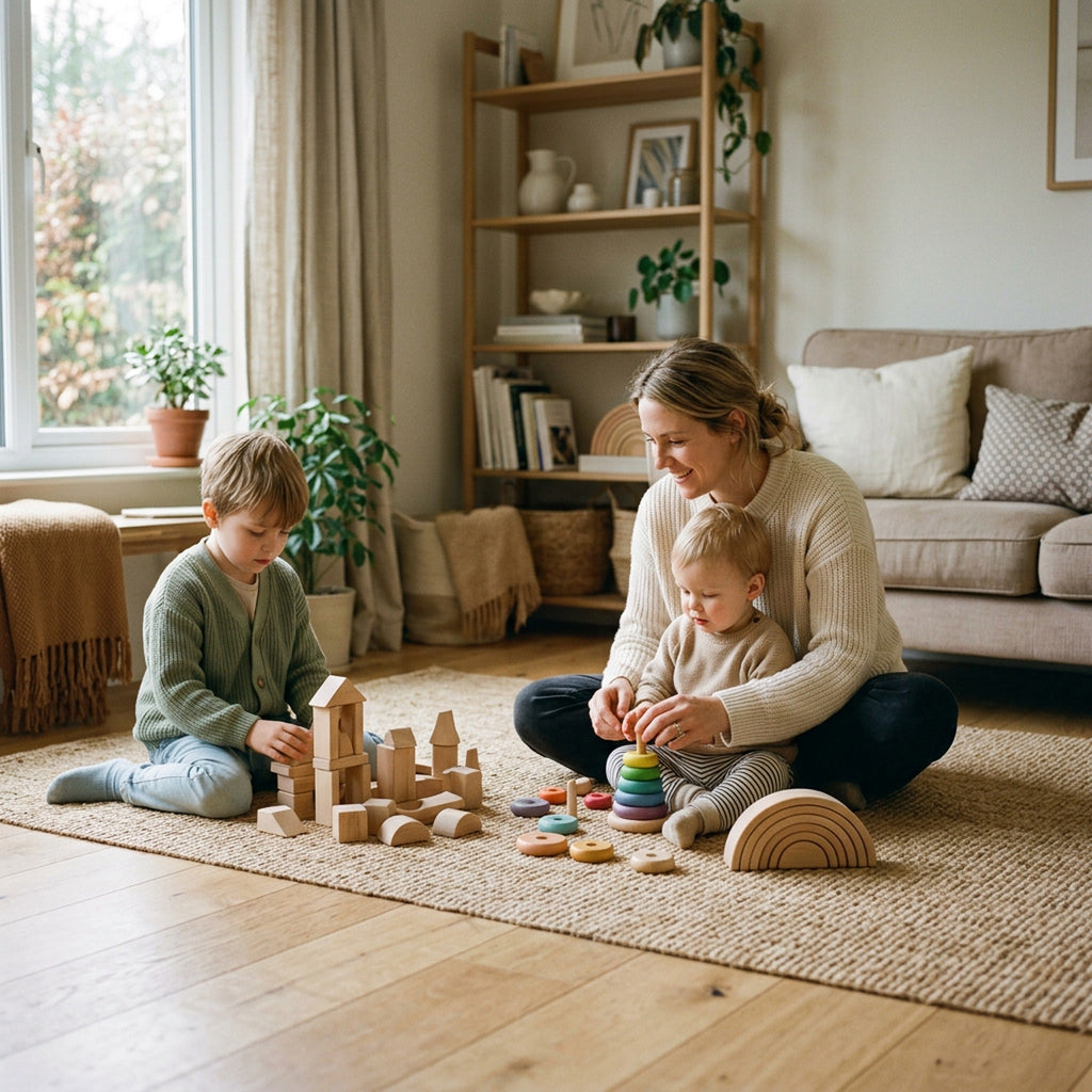A parent playing with a toddler and an older child with wooden toys