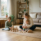 A parent playing with a toddler and an older child with wooden toys