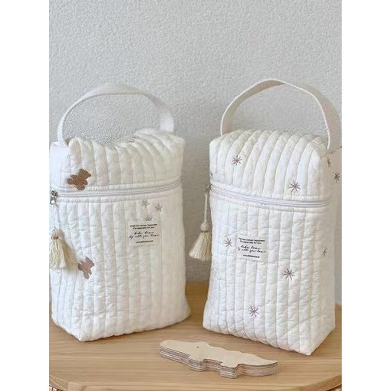 Quilted Embroidered Diaper Bag - Off-White with Animal Motifs