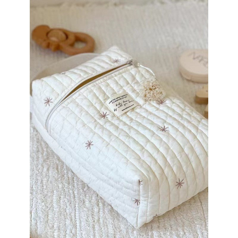 Quilted Embroidered Diaper Bag - Off-White with Animal Motifs