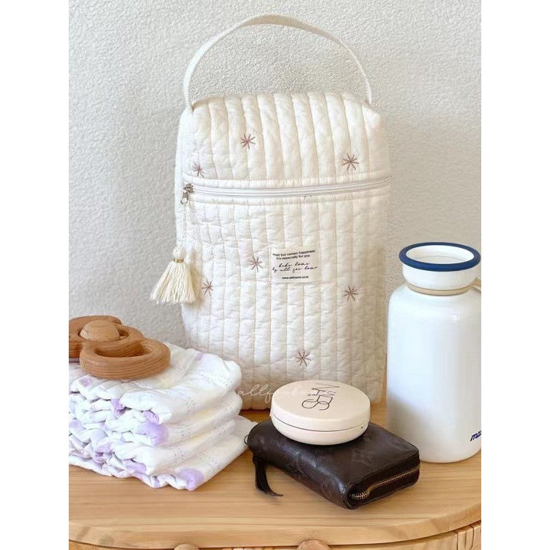 Quilted Embroidered Diaper Bag - Off-White with Animal Motifs