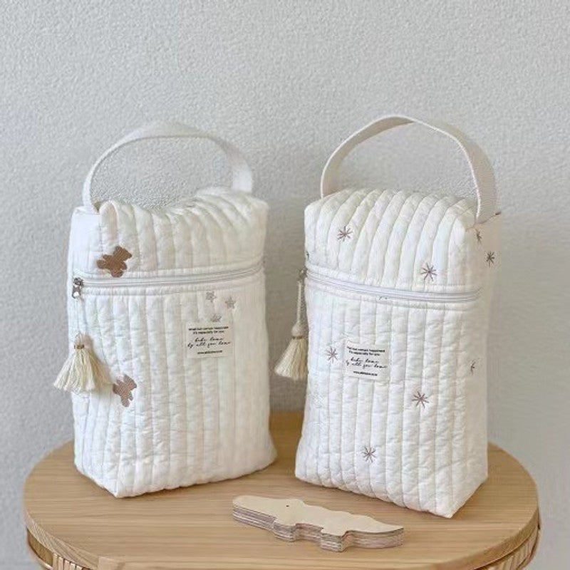 Quilted Embroidered Diaper Bag - Off-White with Animal Motifs