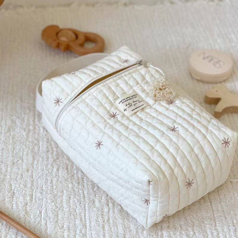Quilted Embroidered Diaper Bag - Off-White with Animal Motifs