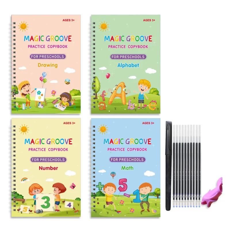 Reusable Magic Groove Handwriting Practice Copybook Set - 4 Books with Pen