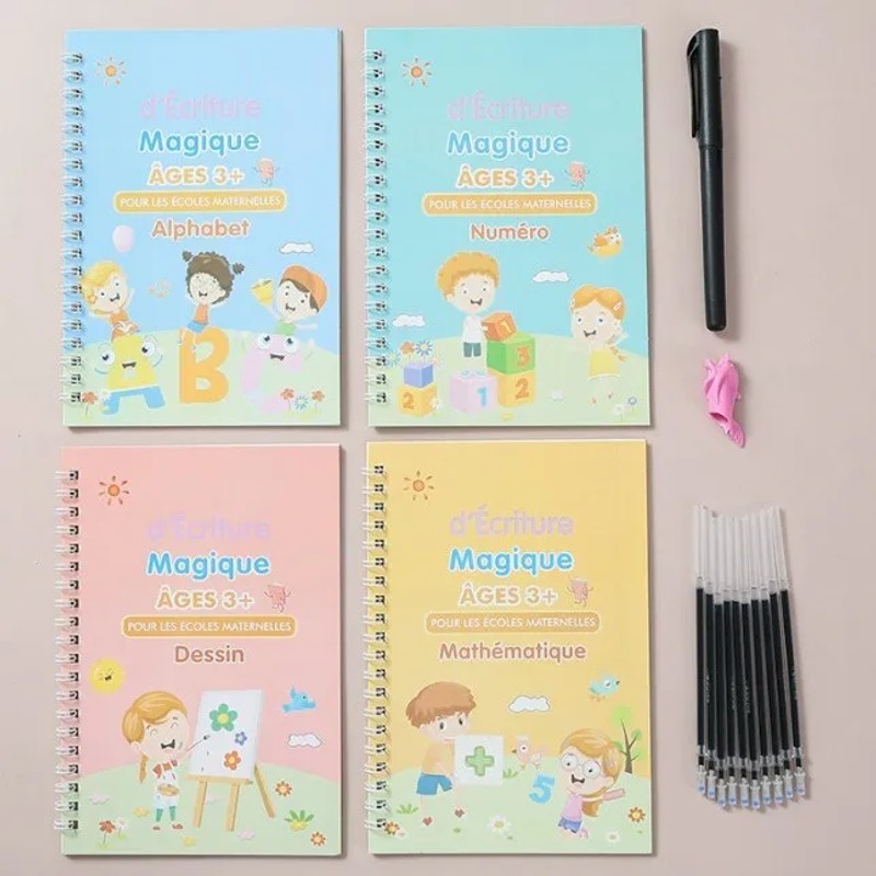 Reusable Magic Groove Handwriting Practice Copybook Set - 4 Books with Pen
