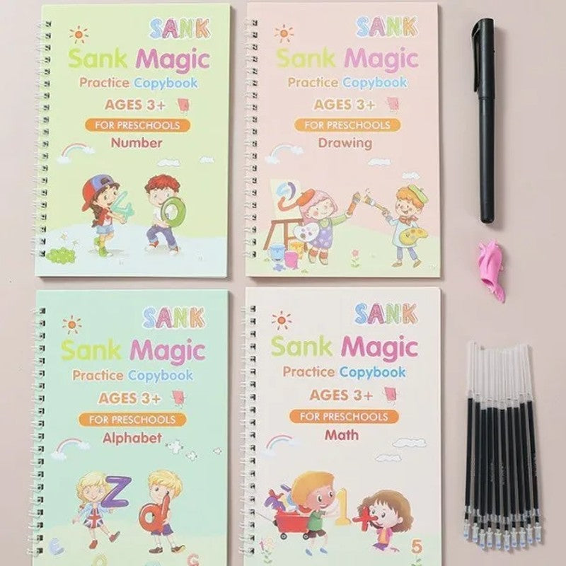 Reusable Magic Groove Handwriting Practice Copybook Set - 4 Books with Pen