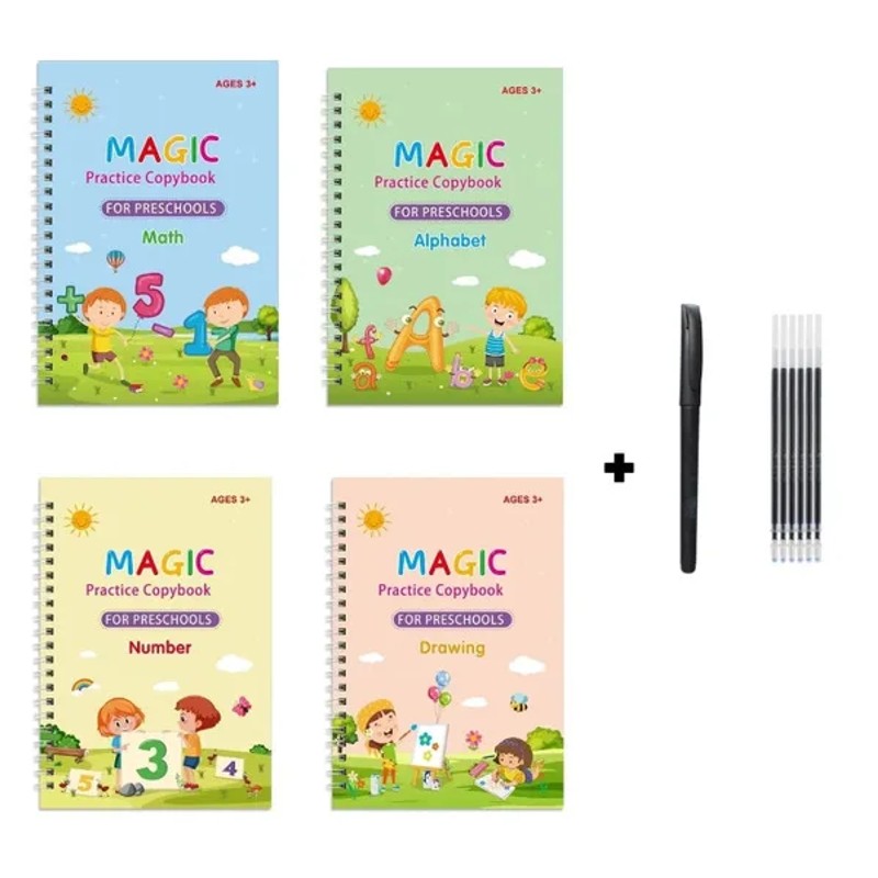Reusable Magic Groove Handwriting Practice Copybook Set - 4 Books with Pen