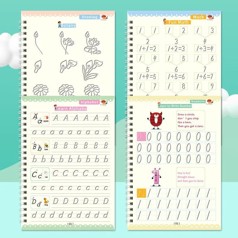 Reusable Magic Groove Handwriting Practice Copybook Set - 4 Books with Pen