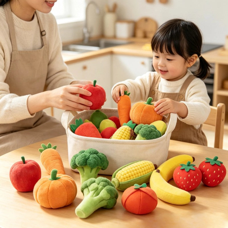 Set Fruit and Vegetable Figures with Fabric Baskets