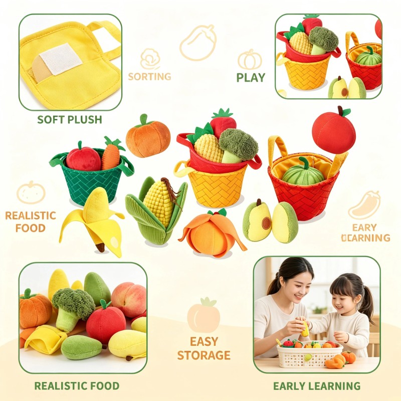 Set Fruit and Vegetable Figures with Fabric Baskets
