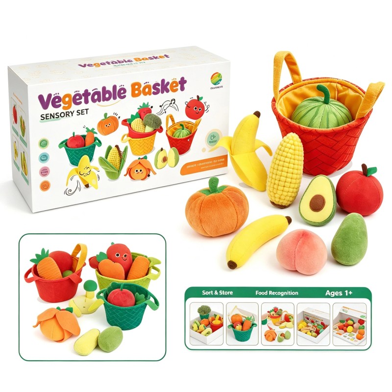 Set Fruit and Vegetable Figures with Fabric Baskets