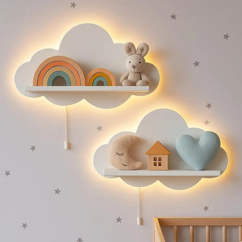 Set of 2 Cloud-Shaped Floating Wall Shelves - White with LED Backlight