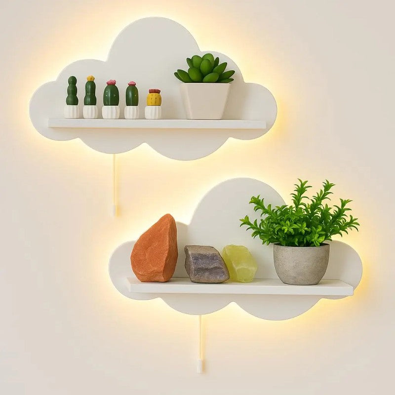 Set of 2 Cloud-Shaped Floating Wall Shelves - White with LED Backlight