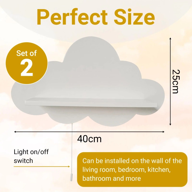 Set of 2 Cloud-Shaped Floating Wall Shelves - White with LED Backlight
