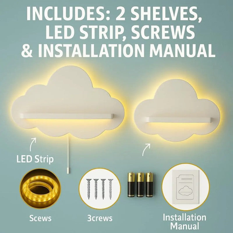 Set of 2 Cloud-Shaped Floating Wall Shelves - White with LED Backlight
