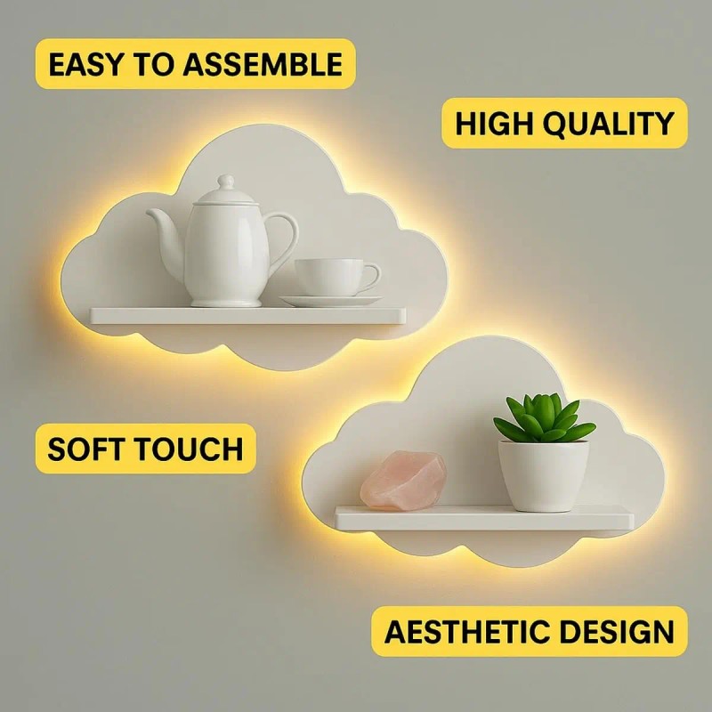 Set of 2 Cloud-Shaped Floating Wall Shelves - White with LED Backlight