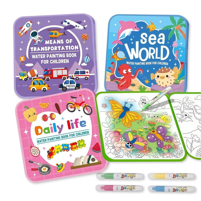 Set of Reusable Water Coloring Books - 4 Themes with Refillable Pens