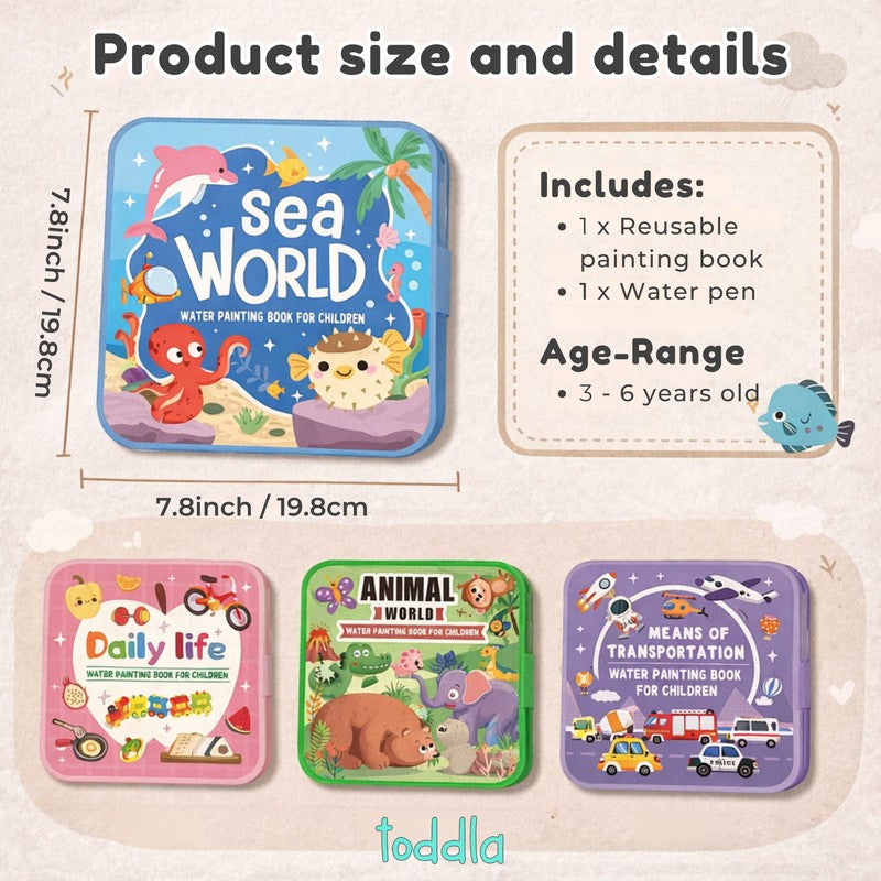 Set of Reusable Water Coloring Books - 4 Themes with Refillable Pens