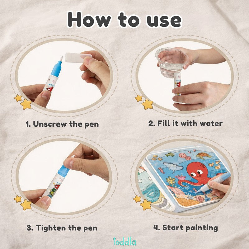 Set of Reusable Water Coloring Books - 4 Themes with Refillable Pens