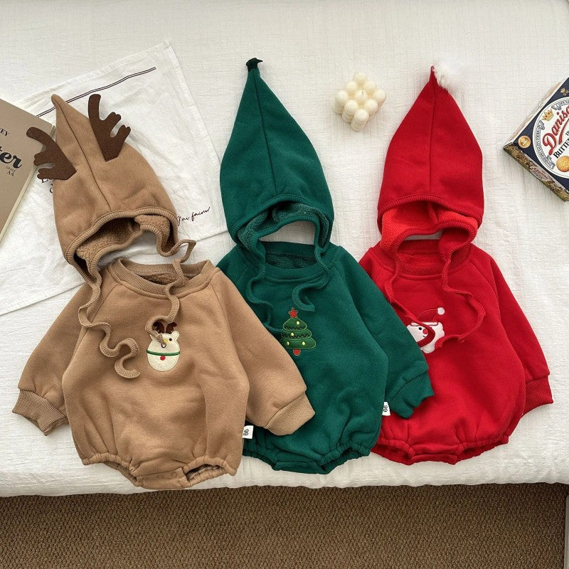 Set with Hooded Romper and Christmas Embroidered Print