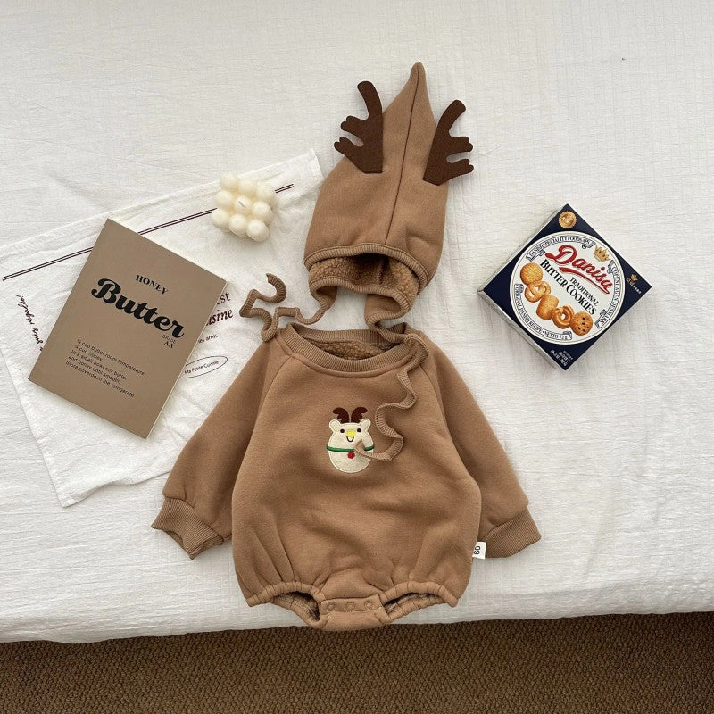 Set with Hooded Romper and Christmas Embroidered Print