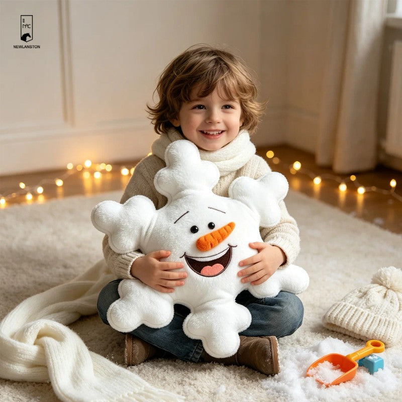 Snowman Plush Pillow - Snowflake Shape with 3D Face
