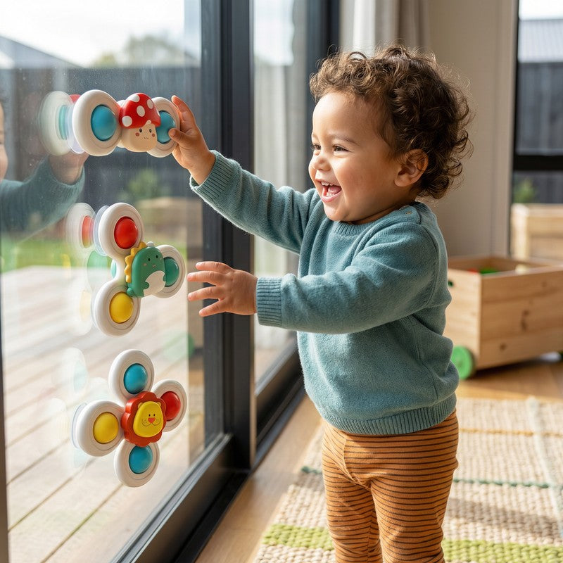 Suction Cup Spinning Toy Set - 3-Pack with Mushroom, Dinosaur and Lion