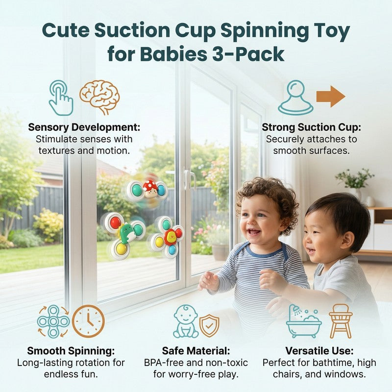 Suction Cup Spinning Toy Set - 3-Pack with Mushroom, Dinosaur and Lion