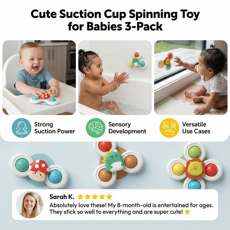 Suction Cup Spinning Toy Set - 3-Pack with Mushroom, Dinosaur and Lion