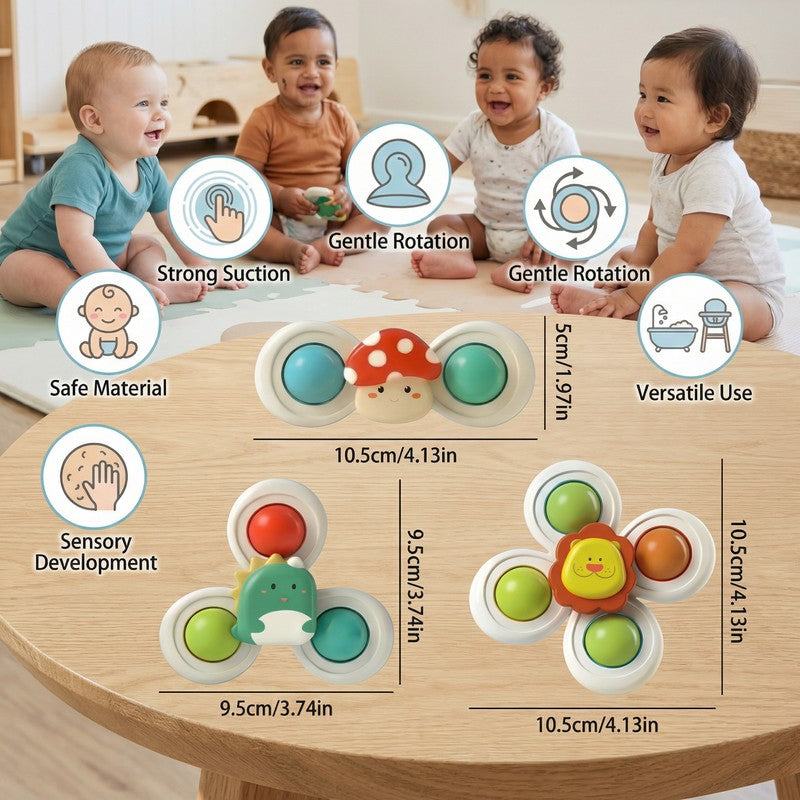 Suction Cup Spinning Toy Set - 3-Pack with Mushroom, Dinosaur and Lion