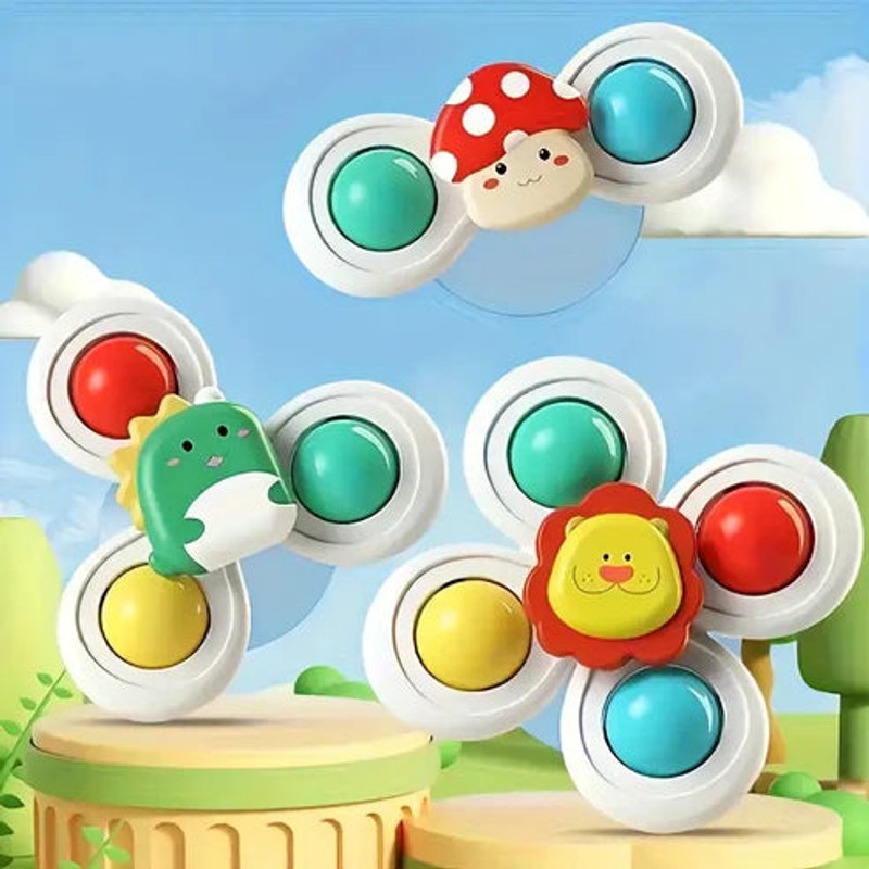 Suction Cup Spinning Toy Set - 3-Pack with Mushroom, Dinosaur and Lion